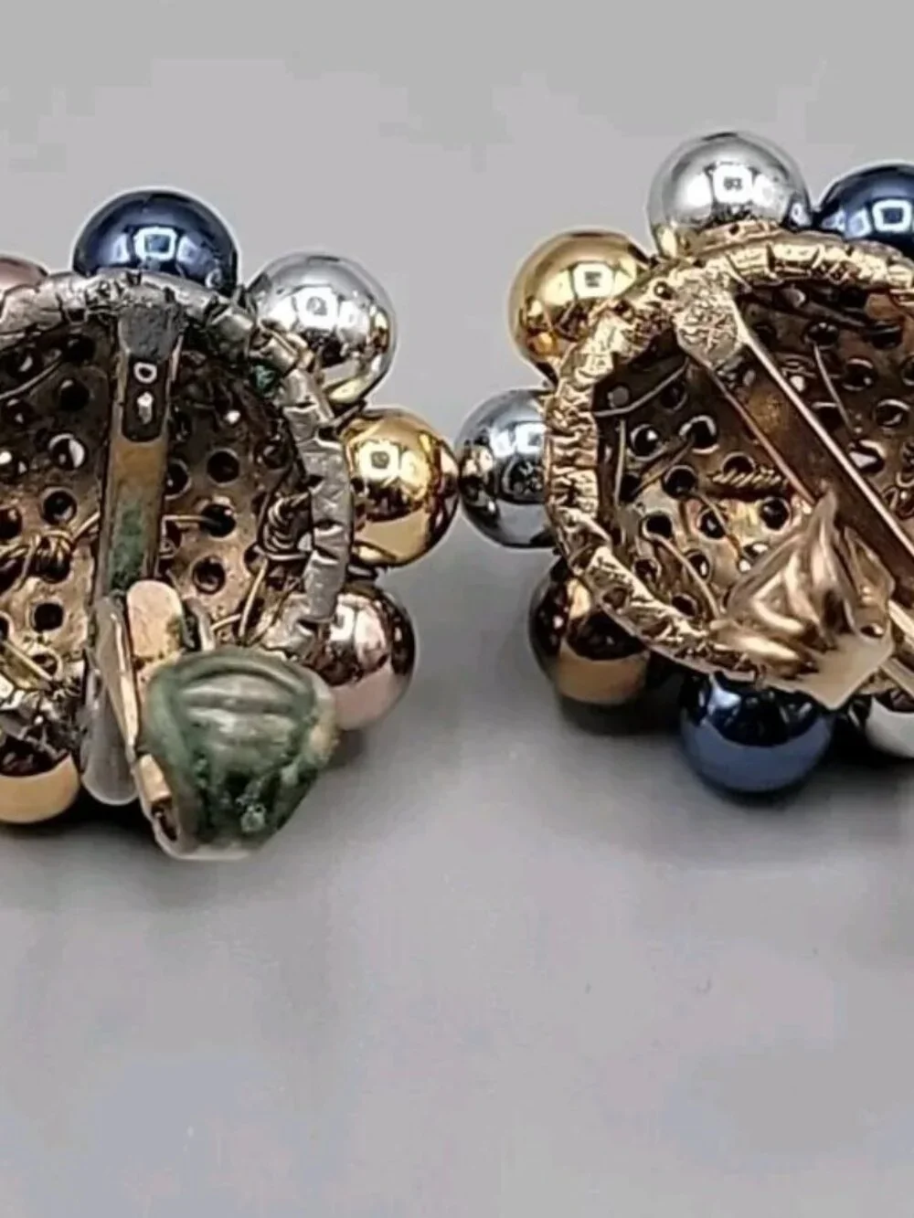 Vintage Vogue Mixed Metallic Beaded Cluster Clip On Earrings 3-D Dome Shape